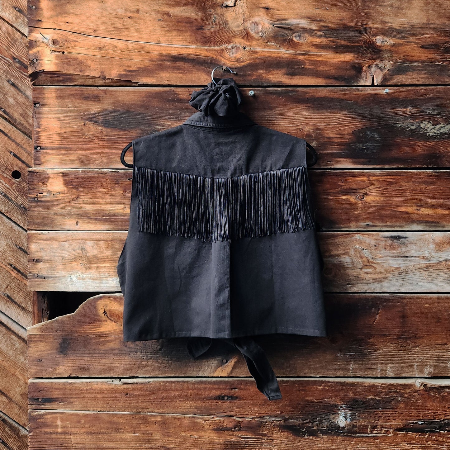 Upcycled Tie Front Fringe Vest