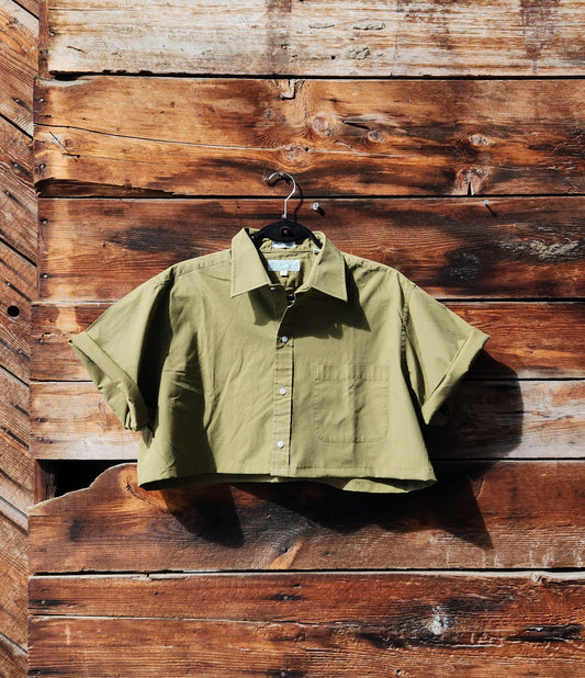 Upcycled Mini-Crop Button Up - Olive